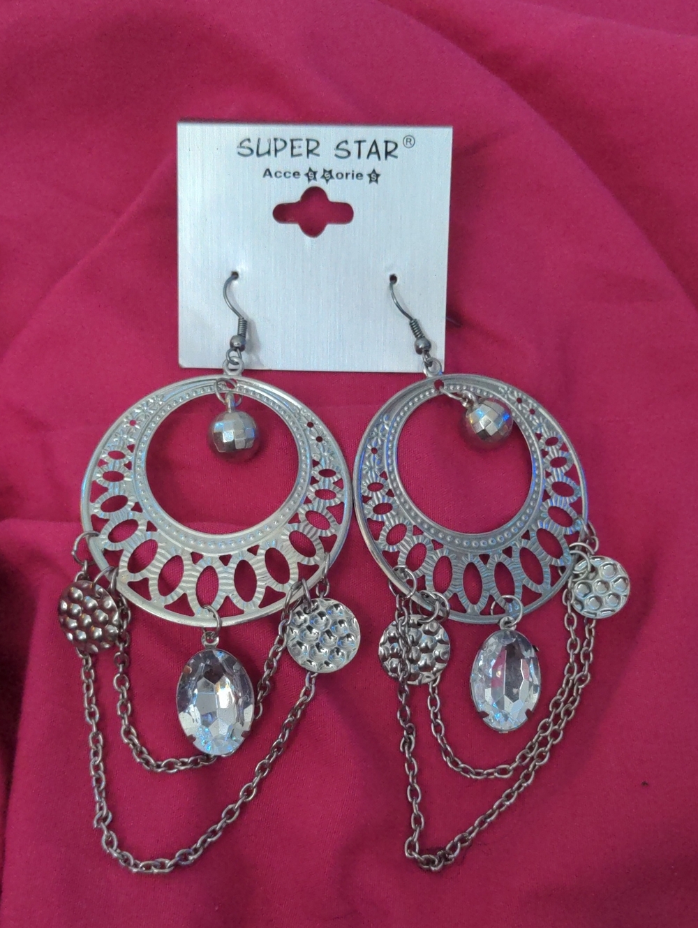 Silver-Tone Filigree Drop Earrings with Clear Crystal Accents